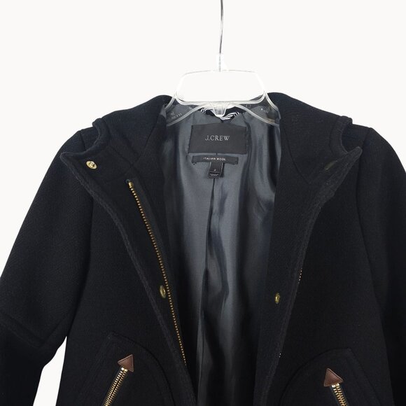 J.Crew‎ Womens 2 Italian Wool Hooded Tailored Coat Black Lined Gold Accents Warm - Picture 6 of 15